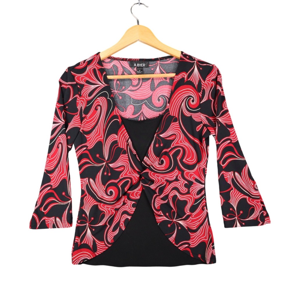 A. Byer Top Womens Small Y2K Red Black Floral Swirl Faux Wrap Twist Front NWT